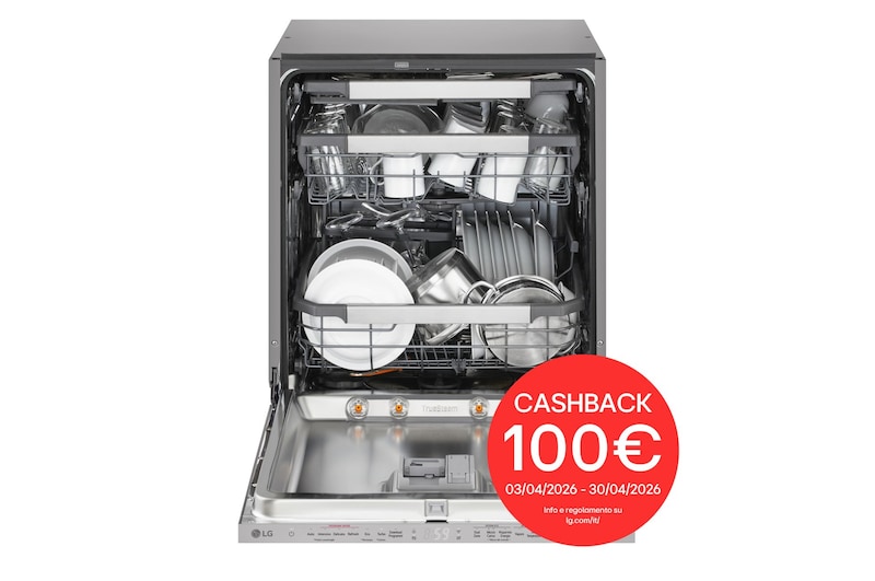 Vista frontale di Lavastoviglie a scomparsa totale | QuadWash Serie 5, Classe A -20% 43dB | 14 coperti, Vapore, Info Light | Noble Steel DB597TXSW